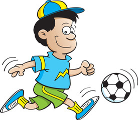 Obraz premium Cartoon illustration of a boy playing soccer.