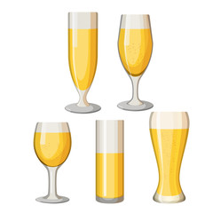 Collection of beer mugs with light alcohol beverage isolated