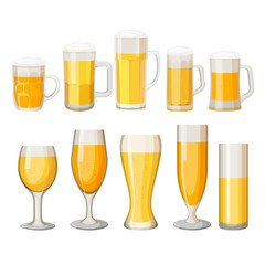 Collection of beer mugs with light alcohol beverage isolated