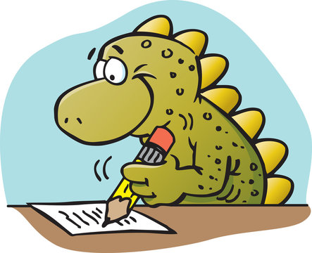 Cartoon illustration of a dinosaur writing.