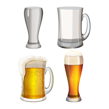 Collection of empty beer mugs and with light alcohol beverage isolated