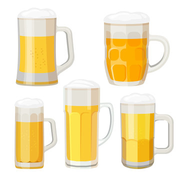 Collection of beer mugs with handles isolated on white.