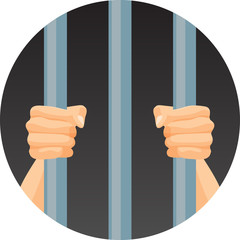 Human hands behind bars in round circle isolated on white