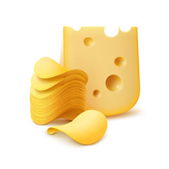 Vector Potato Crispy Chips Stack with Cheese Close up Isolated on White Background