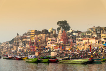 Varanasi in morning with Ganga River. the most auspicious place for Hindu's to be cremated. Boats...