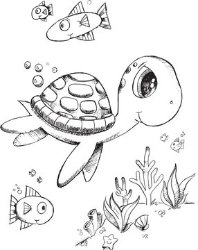 Doodle Sea Turtle Vector Illustration Art