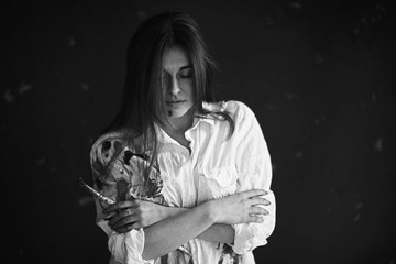 Repair creativity painting girl young adult smeared with paint