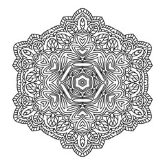 Mandala. Black and white hexagonal decorative element. Picture for coloring.