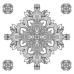 Mandala. Black and white diamond-shaped decorative element. Picture for coloring.