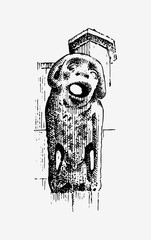 Gargoyle Chimera of Notre-Dame de Paris, engraved, hand drawn vector illustration with gothic guardians include architectual elements, vintage statue medieval