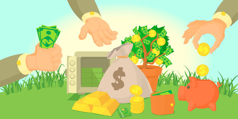 Money types horizontal banner, cartoon style