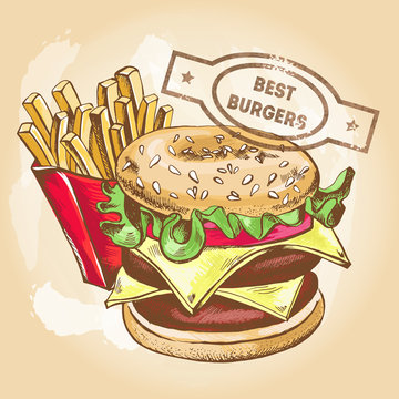 Cheeseburger and french fries. Hand drawn vector Illustration. Template for menu design and fast food restaurant.