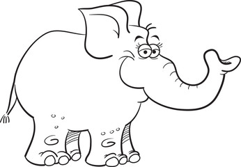 Black and white illustration of a smiling elephant.