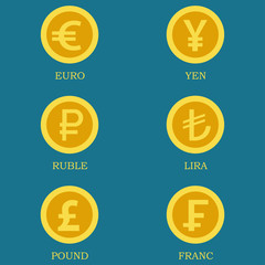 Icons of gold coins with images of currencies of different countries