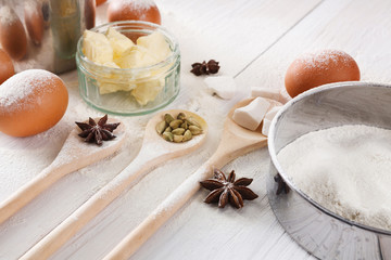 Homemade bakery, baking ingredients on rustic desk