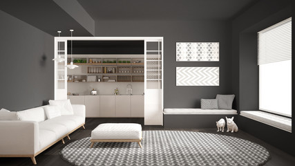 Minimalist living room with sofa, big round carpet and kitchen in the background, white and gray modern interior design