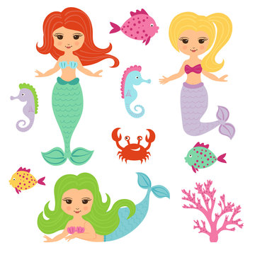 Cute little mermaid girls set. Vector cartoon illustration. 
