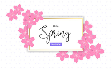 Cherry blossom frame or hello spring flowers frame design in vector