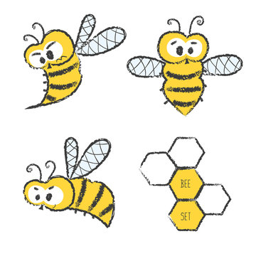 Cute bee vector set. Doodle illustration of bees and honeycombs. 