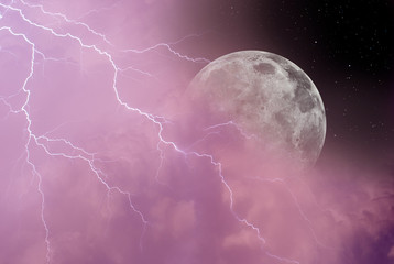 lightning in night sky with moon in the clouds 