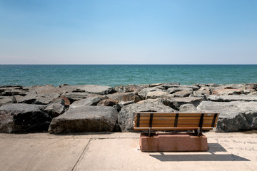 Open air and an empty wooden beach