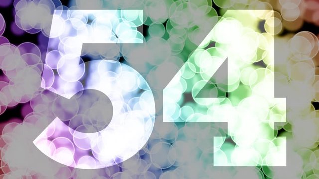 Fifty four to fifty five years birthday fade in/out animation with color gradient moving bokeh background. Animation: 90 frames still with number, 180 fade out, 30 clear, 180 fade in, 300 still.
