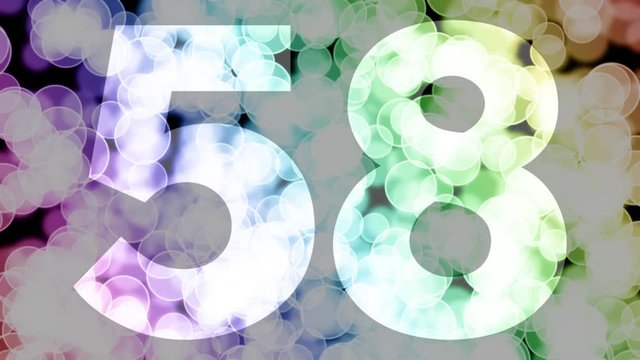 Fifty eight to fifty nine years birthday fade in/out animation with color gradient moving bokeh background. Animation: 90 frames still with number, 180 fade out, 30 clear, 180 fade in, 300 still.
