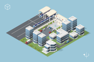 Set of Isolated High Quality Isometric City Elements on Blue Background