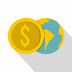 Globe and dollar coin icon, flat style