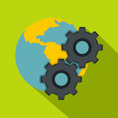 Earth and gears icon, flat style