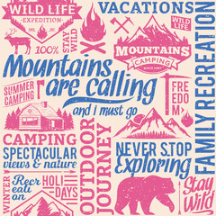 Retro styled typographic vector mountain and outdoor adventures seamless pattern or background