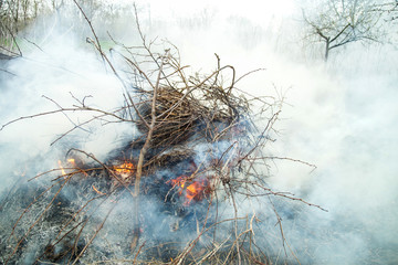 spring fire, burning debris, fire and smoke