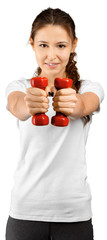 Beautiful woman holding dumbbells isolated on white