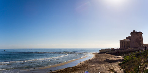 panorámica de la costa con la Torre Vigía de las playas de Pilar de la Horadada, en Orihuela,...
