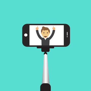 stick for selfie. Monopod Selfie shots cartoon vector illustration. Selfie stick concept vector illustration