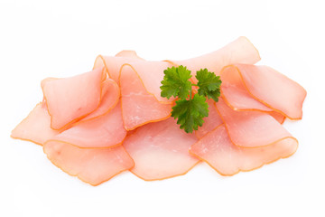 Sliced ham isolated on white background, top view.
