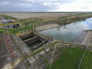 Water pumping station of irrigation system of rice fields. View