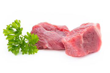 fresh meat on slice on the white background.