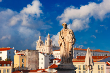 Statue of Saint Vincent, the patron saint of Lisbon, in Alfama, Lisbon, Portugal. Monastery of Sao...