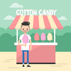 Walking in the park. Young bearded man eating a cotton candy / editable flat vector illustration