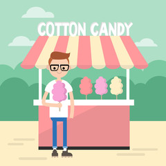 Walking in the park. Young nerd eating a cotton candy / editable flat vector illustration