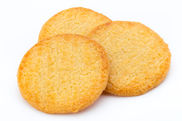 Stacked short pastry cookies isolated on white background.