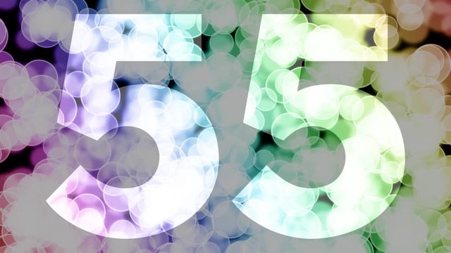 Fifty five to fifty six years birthday fade in/out animation with color gradient moving bokeh background. Animation: 90 frames still with number, 180 fade out, 30 clear, 180 fade in, 300 still.
