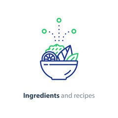 Recipe and ingredients, salad bowl line icon, diet food