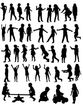 Vector illustration of a collection of silhouettes of happy children running jumping