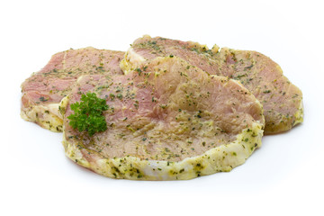 Pork chop, marinated. Isolated on the white background.