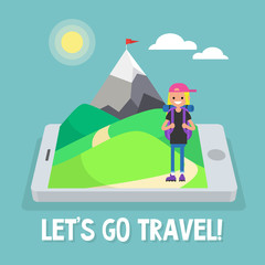 Tourist in mountains. Travel mobile application. Vector illustration, clip art