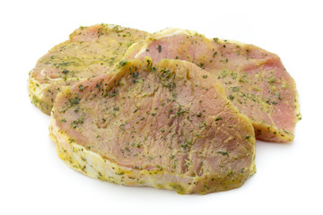 Pork chop, marinated. Isolated on the white background.