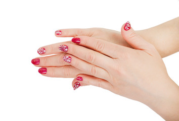 red festive manicure with white lace on the long nails