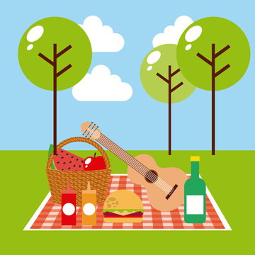 picnic scene with food, guitar, trees clip art preview